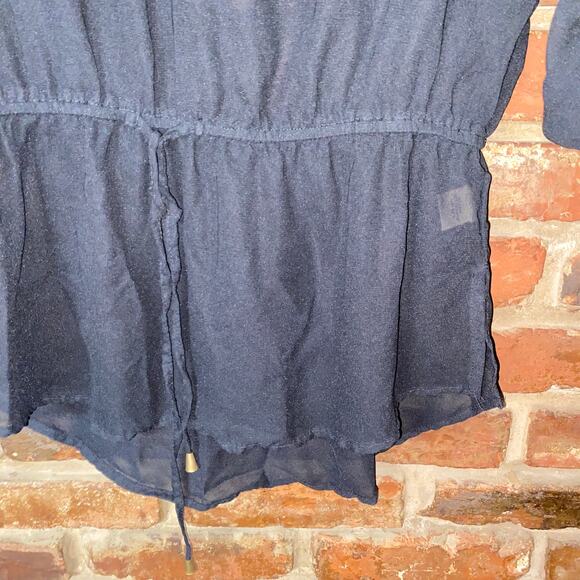 Mileage Black Sheer 3/4 Roll Tab Sleeve Cinched Tie Waist Blouse Women's Large - Picture 3 of 6